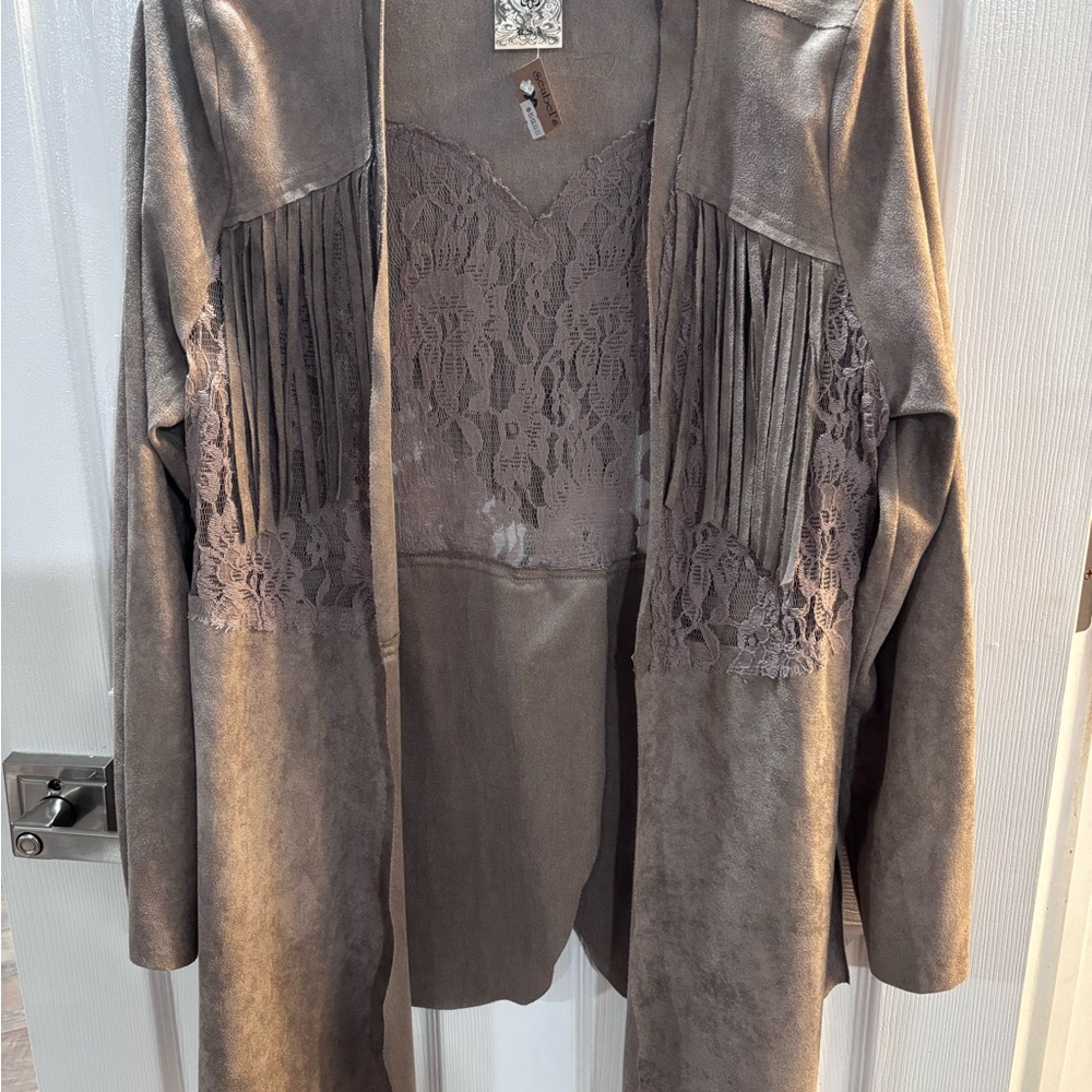 Women's Vocal Taupe Fringe & Lace Open Front Jacket